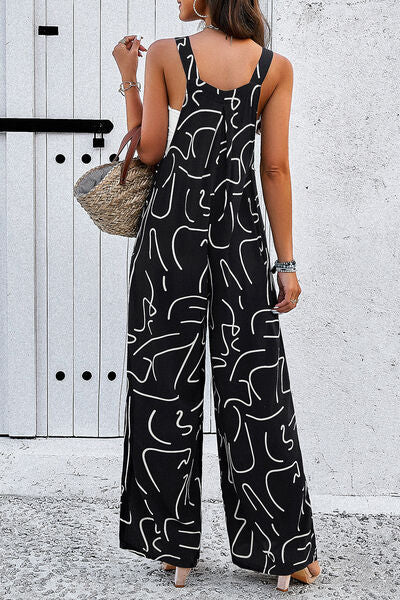 Printed Wide Strap Jumpsuit with Pockets